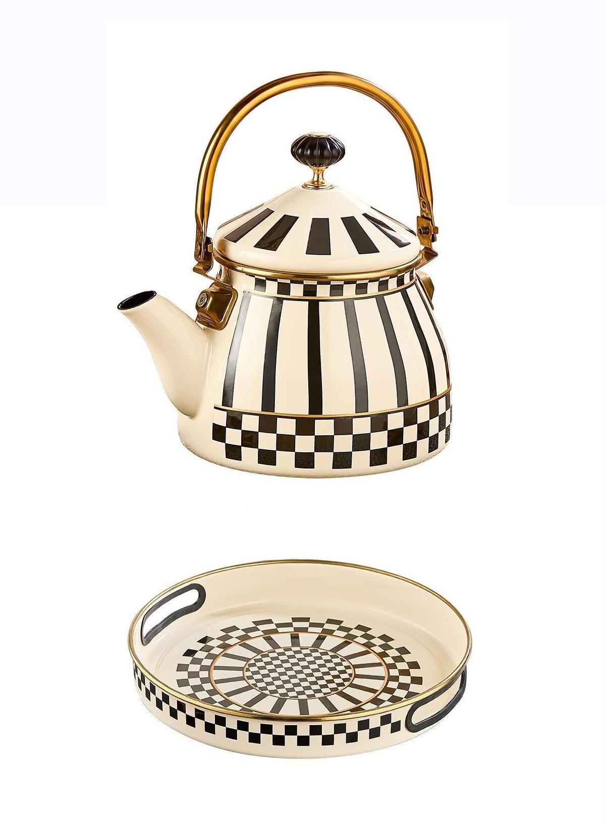 Prime Cream Emaye Bitki Çayı Demliği ve Emaye Servis Tepsisi 28 CM