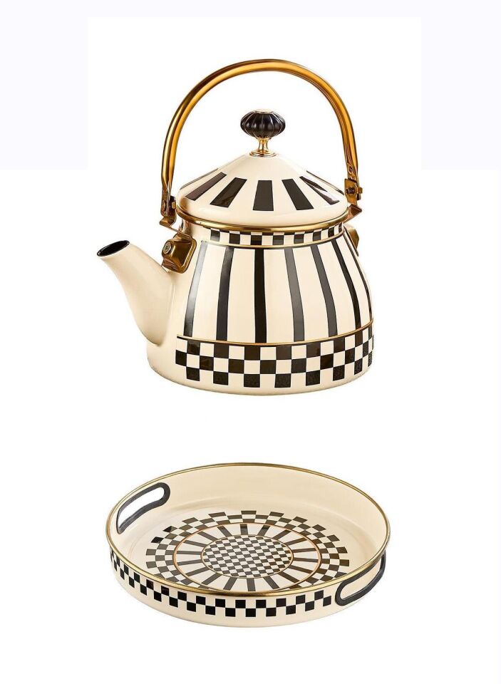 Prime Cream Emaye Bitki Çayı Demliği ve Emaye Servis Tepsisi 28 CM