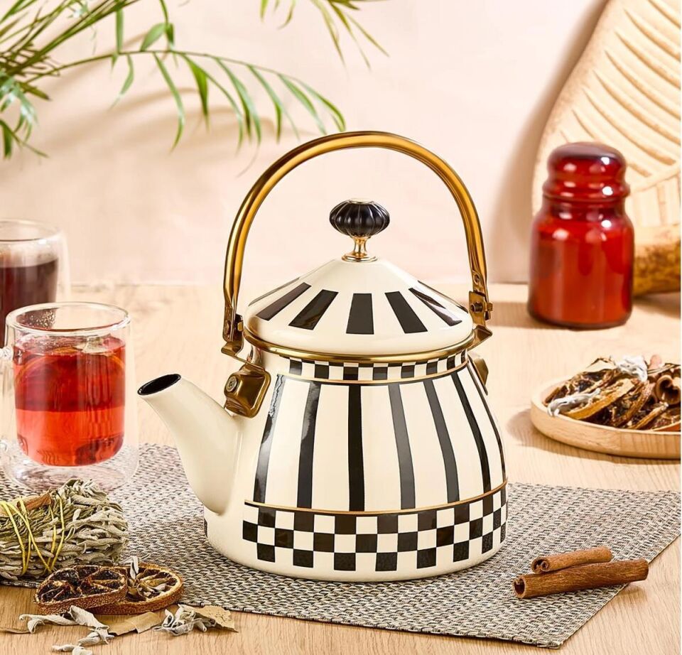 Prime Cream Emaye Bitki Çayı Demliği ve Emaye Servis Tepsisi 28 CM