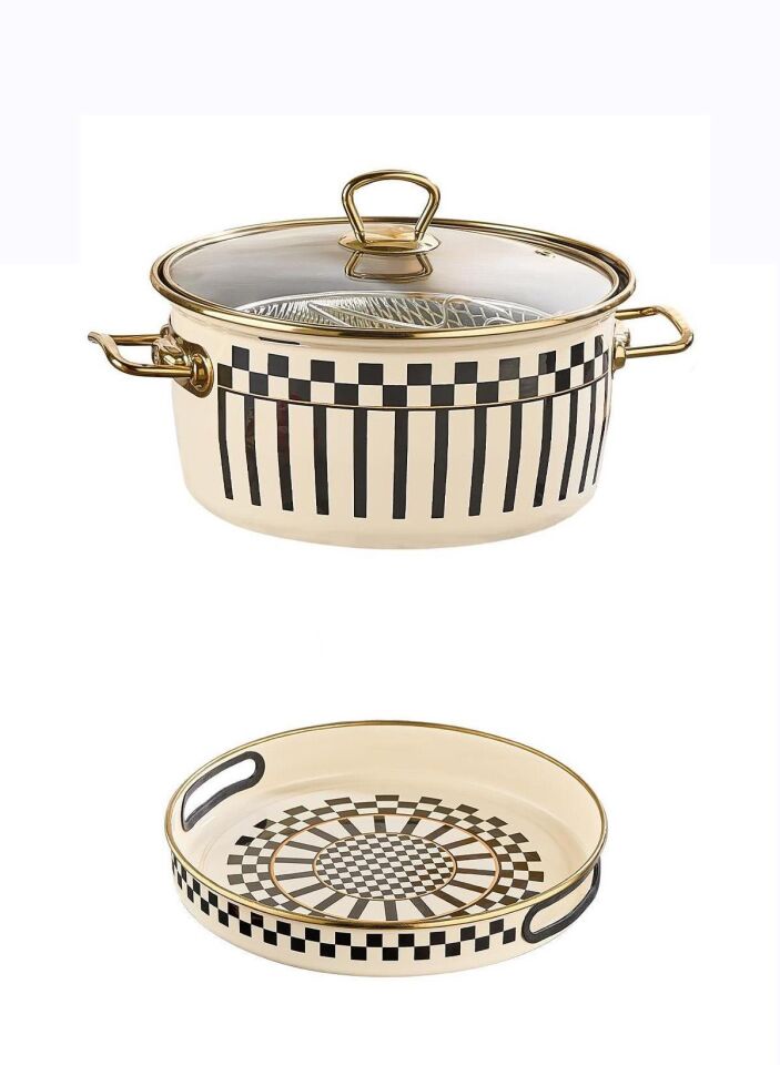 Prime Cream Emaye Kızartma Tenceresi – 22 CM ve Emaye Servis Tepsisi 28 CM