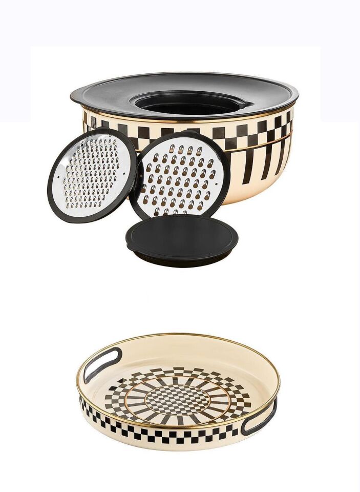 Prime Cream 5 Parça Rendeli Saklama ve Karıştırma Kabı – 24 CM ve Emaye Servis Tepsisi 28 CM