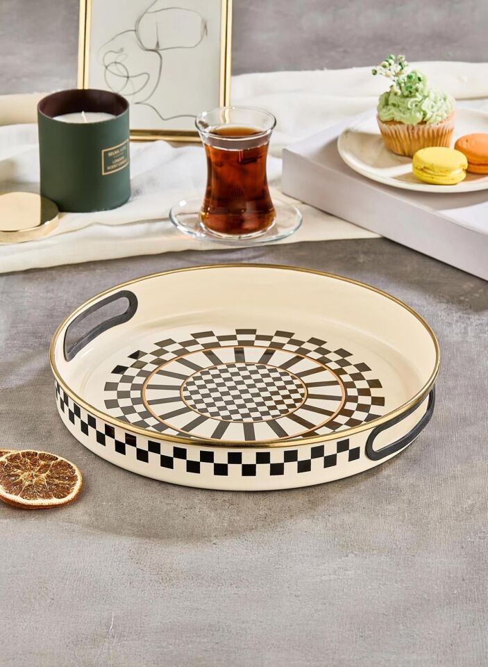 Prime Cream Ayaklı Şekerlik Emaye ve Emaye Servis Tepsisi 28 CM