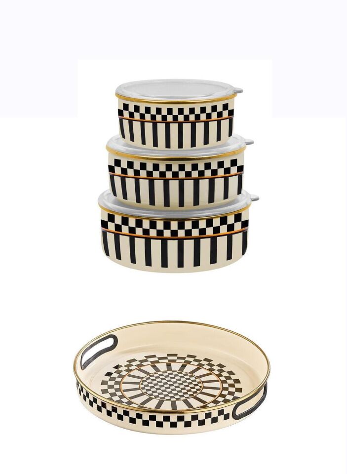 Prime Cream 3’lü Emaye Saklama Kabı ve Emaye Servis Tepsisi 28 CM