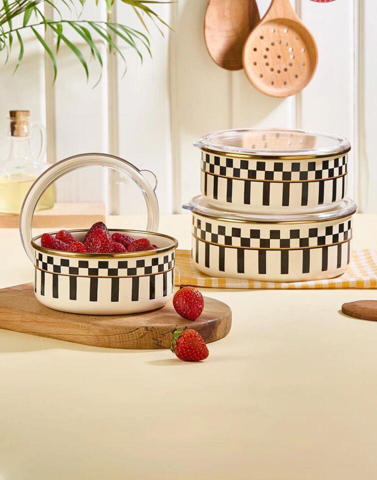 Prime Cream 3’lü Emaye Saklama Kabı ve Emaye Servis Tepsisi 28 CM