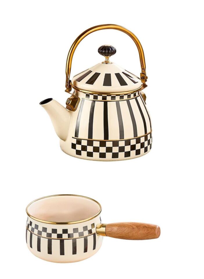 Prime Cream Emaye Bitki Çayı Demliği ve Emaye Sosluk Sütlük 14 CM