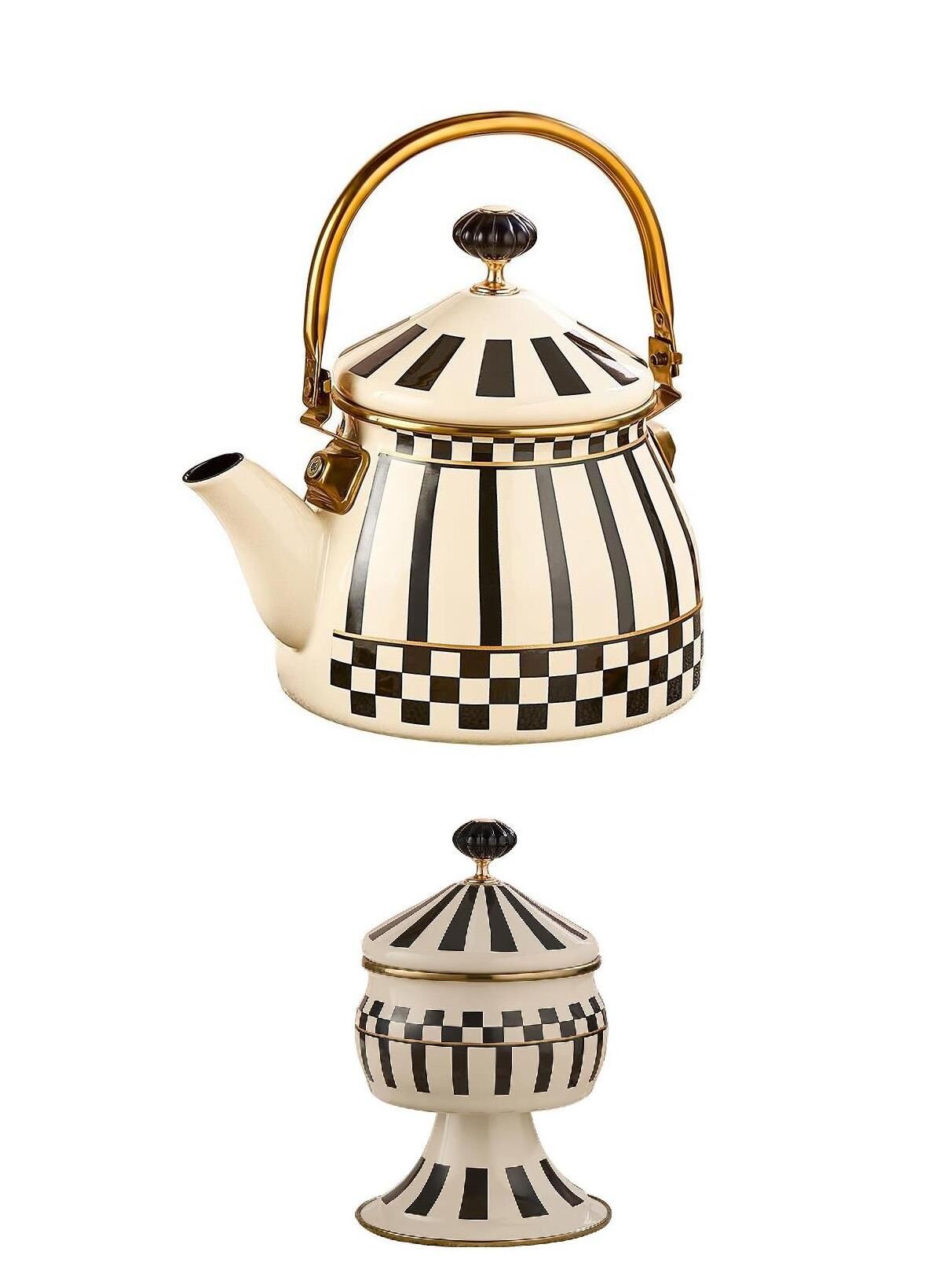 Prime Cream Emaye Bitki Çayı Demliği ve Emaye Ayaklı Şekerlik