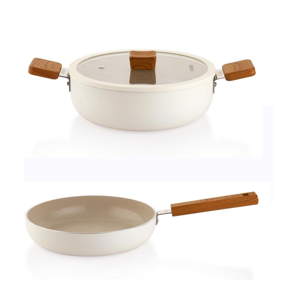Schafer Ceramoni Seramik Basık Tencere 28 Cm ve Tava Seti – Krem