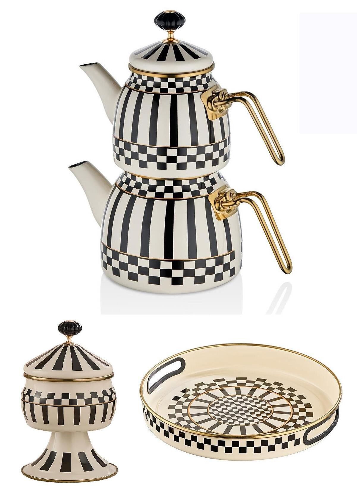 Prime Cream Emaye Çaydanlık Takımı - Emaye Ayaklı Şekerlik ve Emaye Tepsi 28 CM