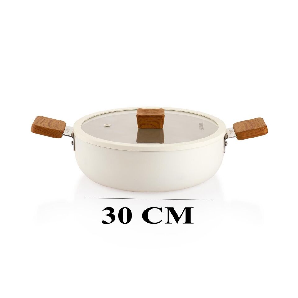 Schafer Ceramoni Seramik Basık Tencere 30 Cm ve Tava Seti – Krem