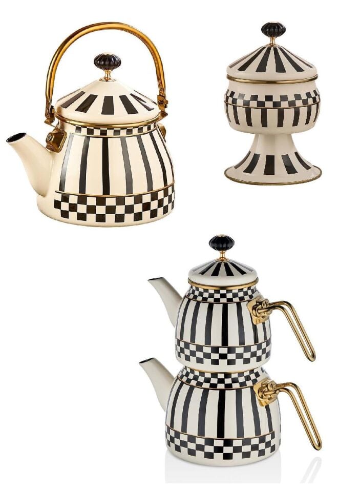 Prime Cream Emaye Bitki Çayı Demliği - Emaye Ayaklı Şekerlik ve Emaye Çaydanlık Takımı