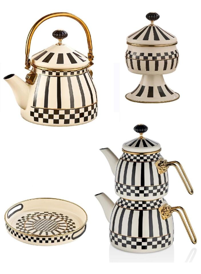 Emaye Bitki Çayı Demliği - Emaye Ayaklı Şekerlik - Emaye Çaydanlık Takımı ve Emaye Tepsi 28 CM