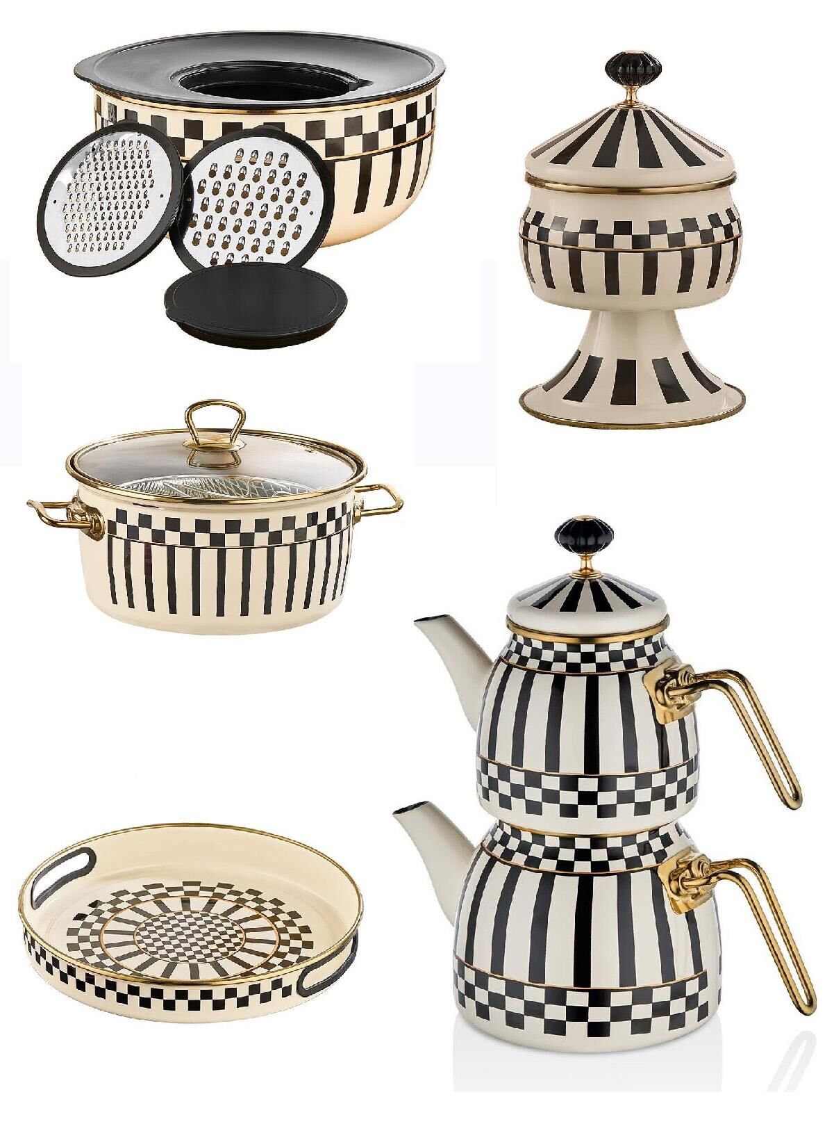 Emaye Çaydanlık - Ayaklı Şekerlik - Tepsi 28 CM -  Karıştırma Kabı ve Kızartma Tenceresi