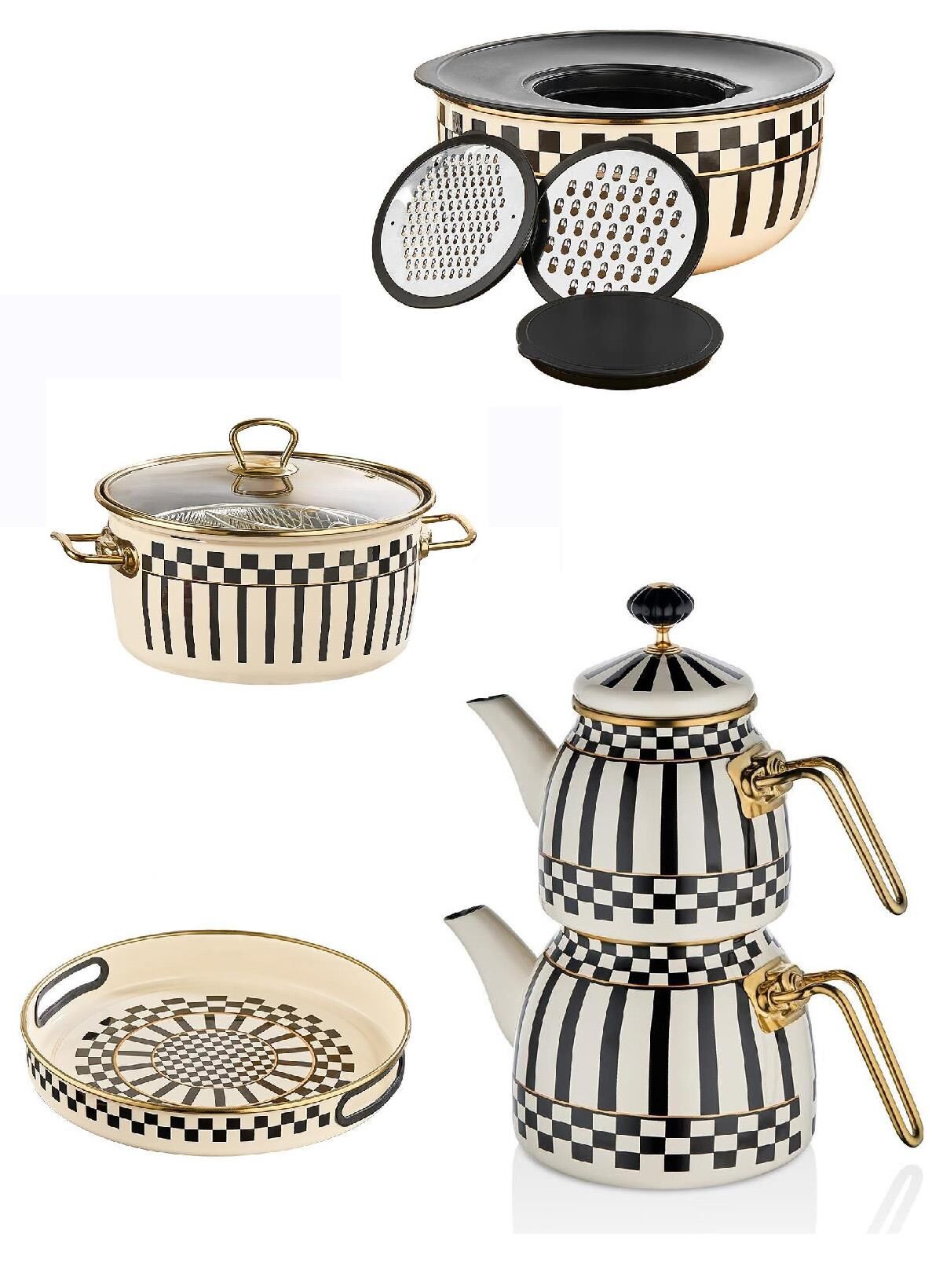 Emaye Çaydanlık - Tepsi 28 CM -  Karıştırma Kabı ve Kızartma Tenceresi