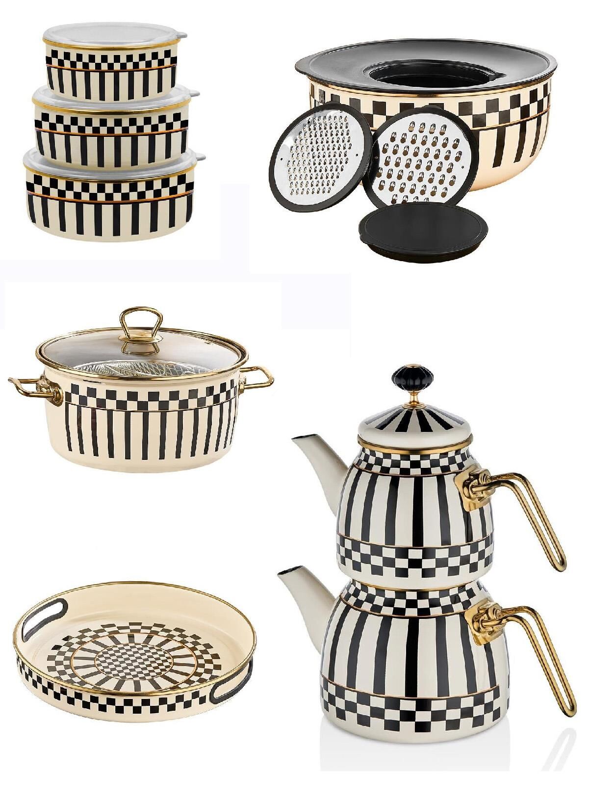 Emaye Çaydanlık  - Tepsi 28 CM -  Karıştırma Kabı - Kızartma Tenceresi ve 3lü Saklama Kabı