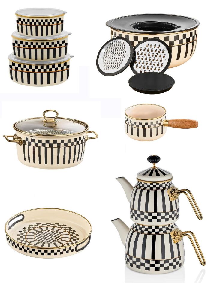 Emaye Çaydanlık  - Tepsi 28 CM -  Karıştırma Kabı - Kızartma Tenceresi - 3lü Saklama Kabı - Sütlük