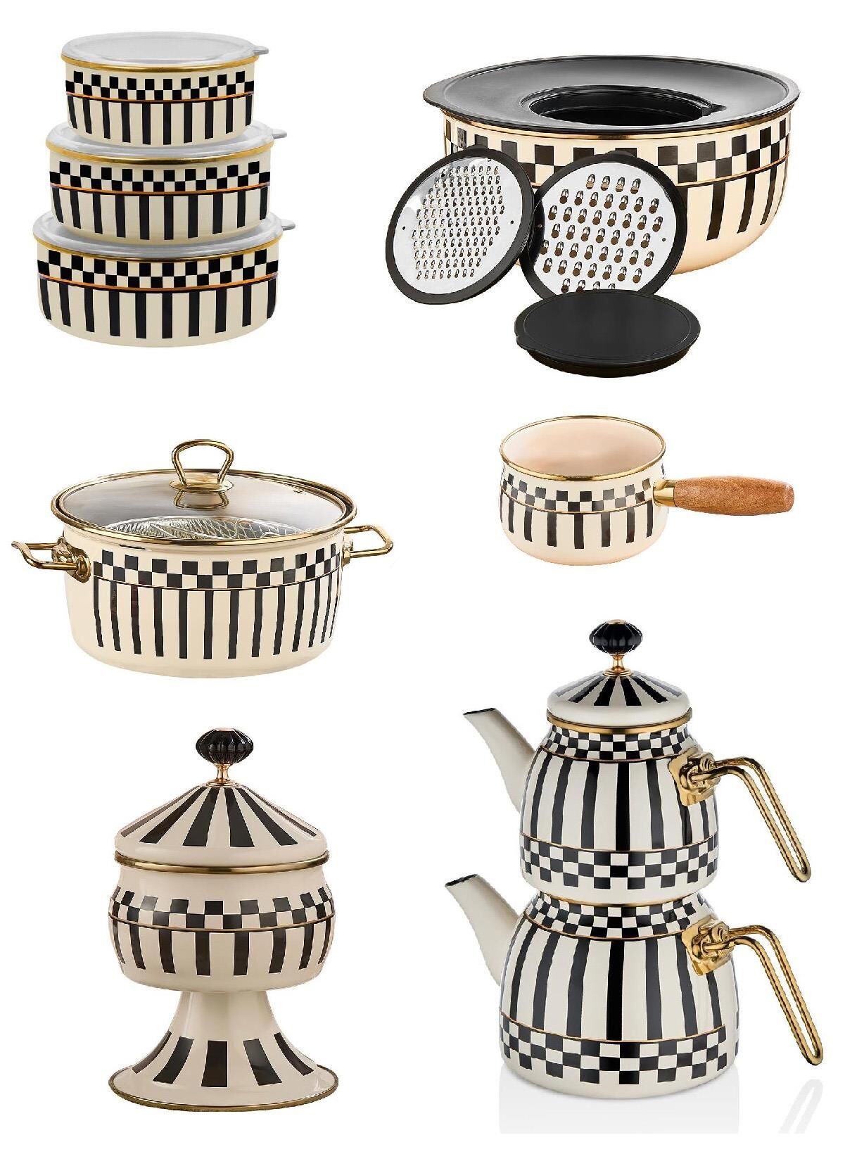 Emaye Çaydanlık  -  Karıştırma Kabı - Kızartma Tenceresi - 3lü Saklama Kabı - Sütlük - Şekerlik