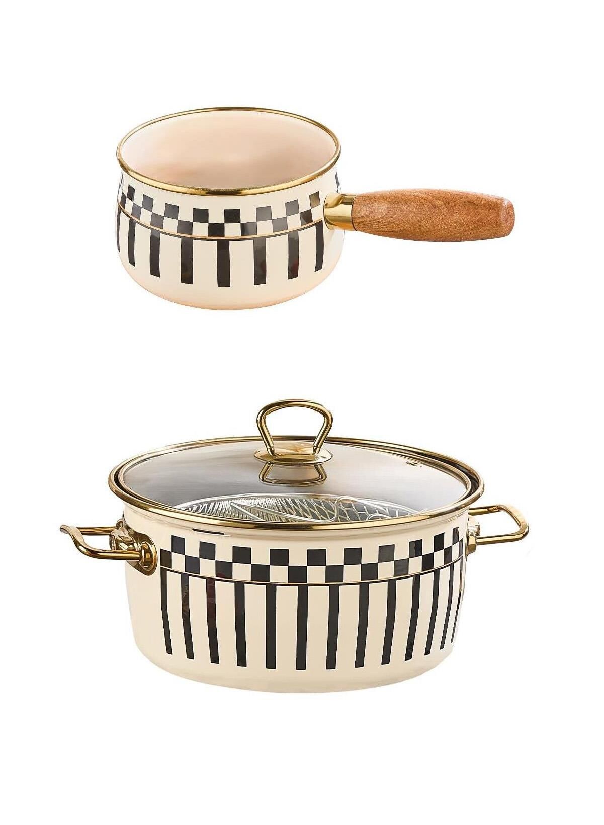 Prime Cream Emaye Kızartma Tenceresi – 22 CM ve Emaye Sütlük Sosluk 14 CM