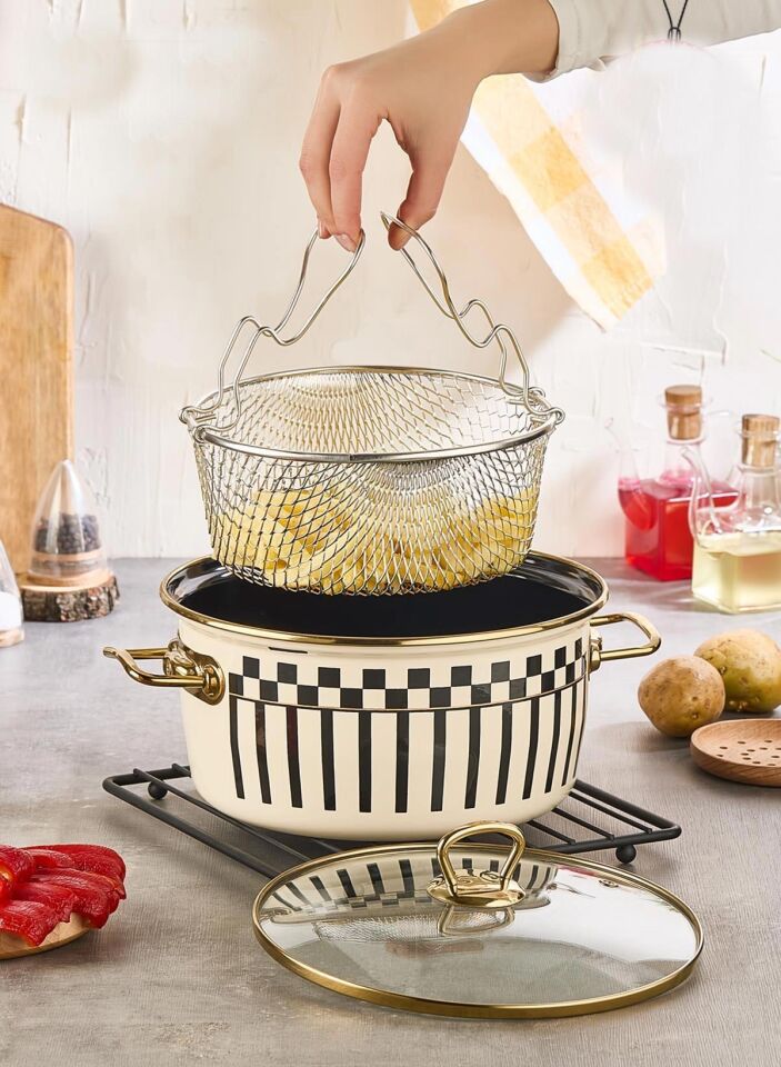 Prime Cream Emaye Kızartma Tenceresi – 22 CM ve Emaye Sütlük Sosluk 14 CM