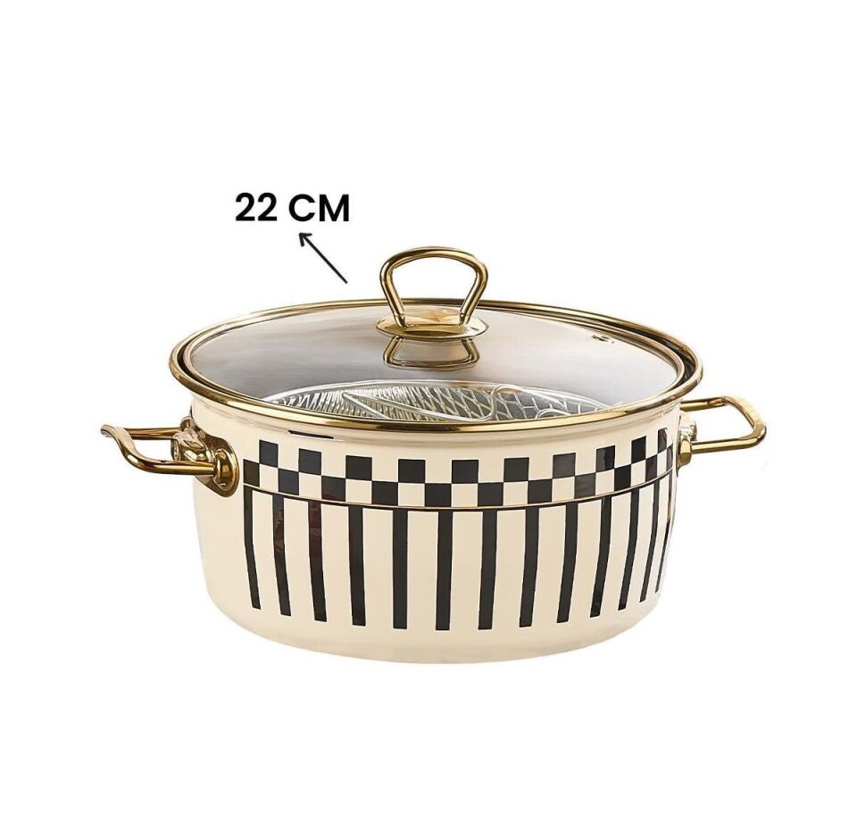 Prime Cream Emaye Kızartma Tenceresi – 22 CM ve Emaye Sütlük Sosluk 14 CM