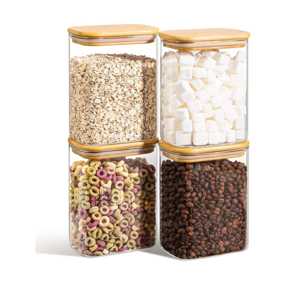 Cam Kavanoz Seti Bambu Kapaklı Hava Almaz 4lü Kavanoz Takımı Orta Boy 1000 ML