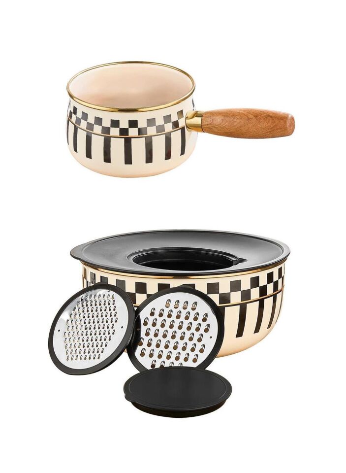 Prime Cream 5 Parça Rendeli Saklama ve Karıştırma Kabı – 24 CM ve Emaye Sosluk Sütlük 14 CM