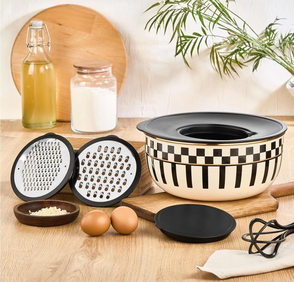 Prime Cream 5 Parça Rendeli Saklama ve Karıştırma Kabı – 24 CM ve Emaye Sosluk Sütlük 14 CM