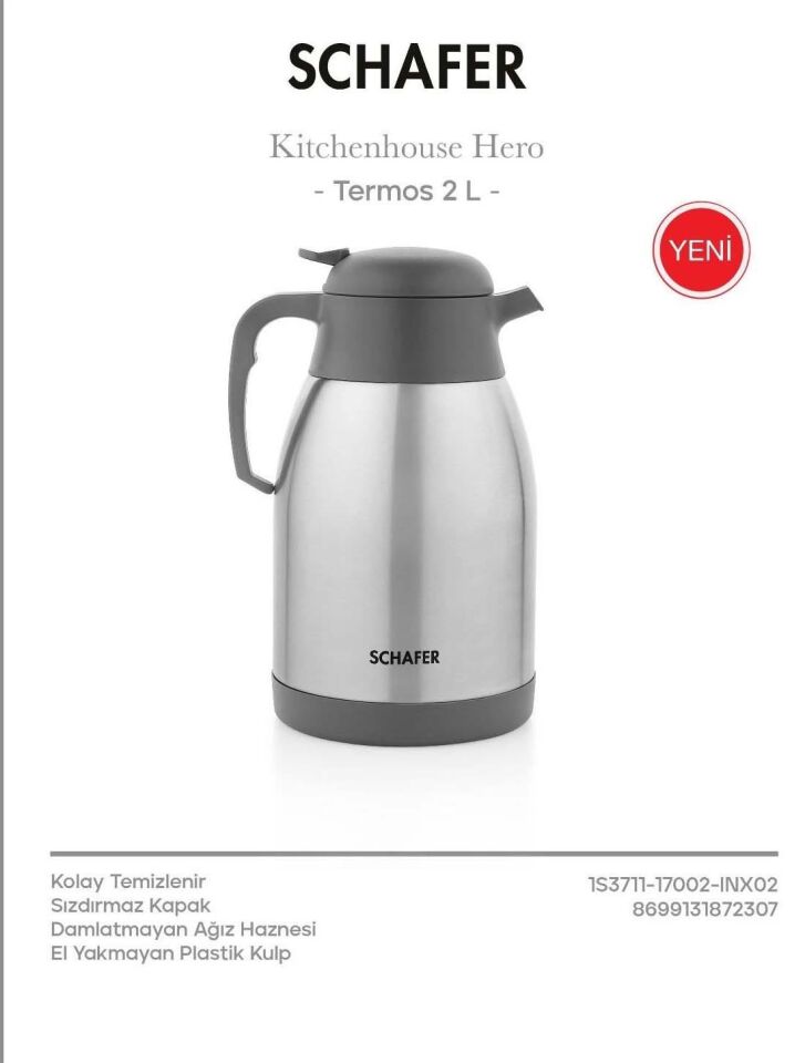 Schafer Çelik Termos 2 Litre Gri Renk