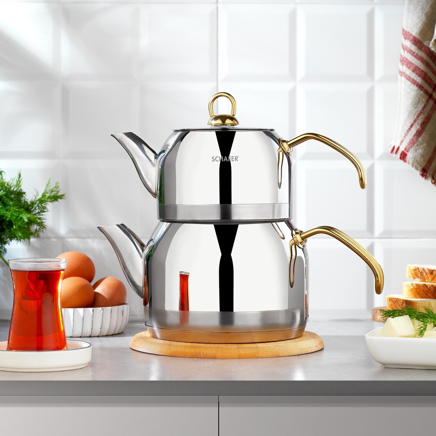 Schafer Ada Çaydanlık Takımı Gold Renk Kulplu Büyük Boy Çaydanlık Takımı