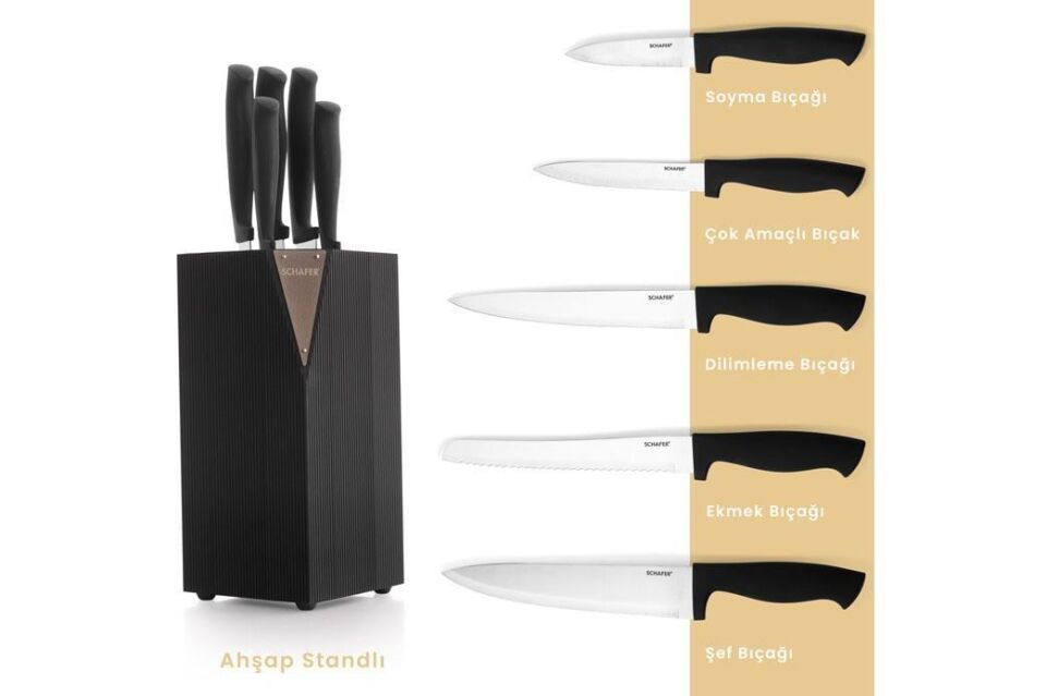 Schafer Solide Standlı 6 Parça Bıçak Seti Siyah