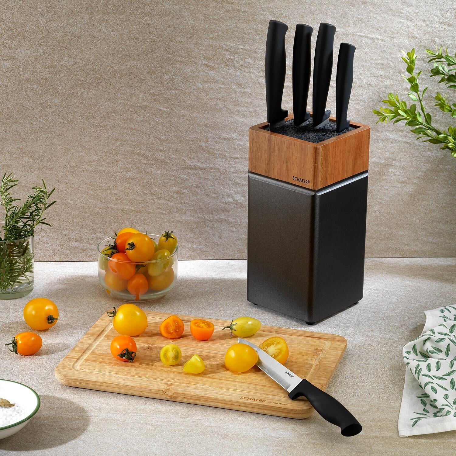 Schafer Solide Standlı 6 Parça Bıçak Seti Ahşap Takozlu