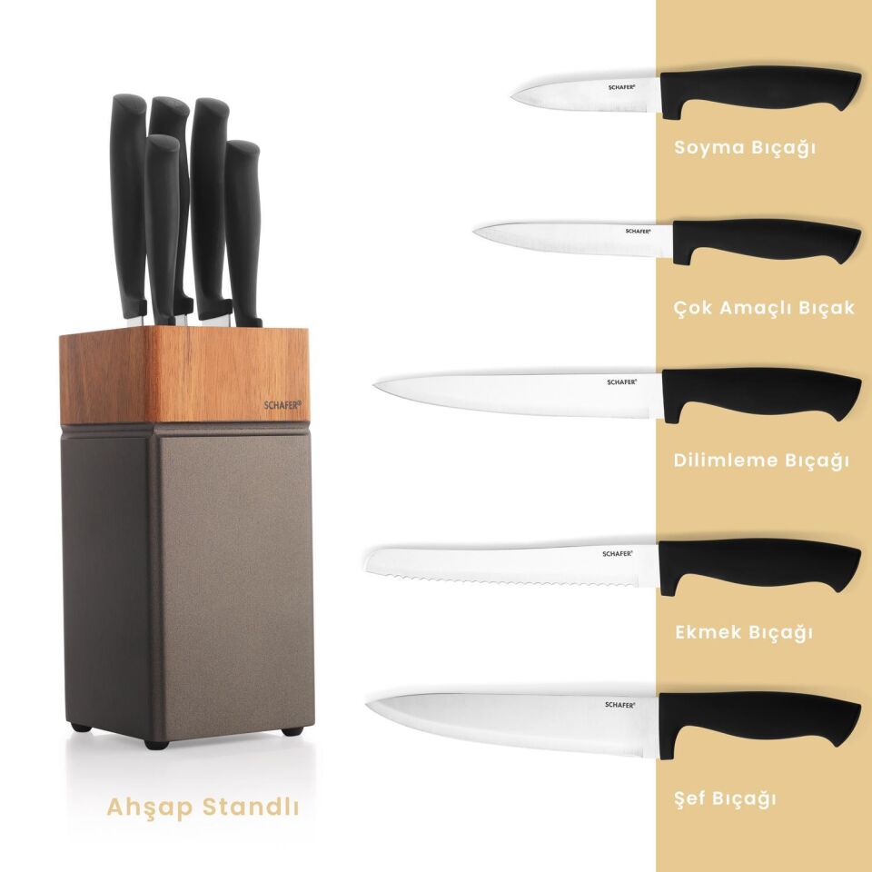 Schafer Solide Standlı 6 Parça Bıçak Seti Ahşap Takozlu