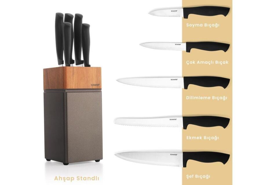 Schafer Solide Standlı 6 Parça Bıçak Seti Ahşap Takozlu
