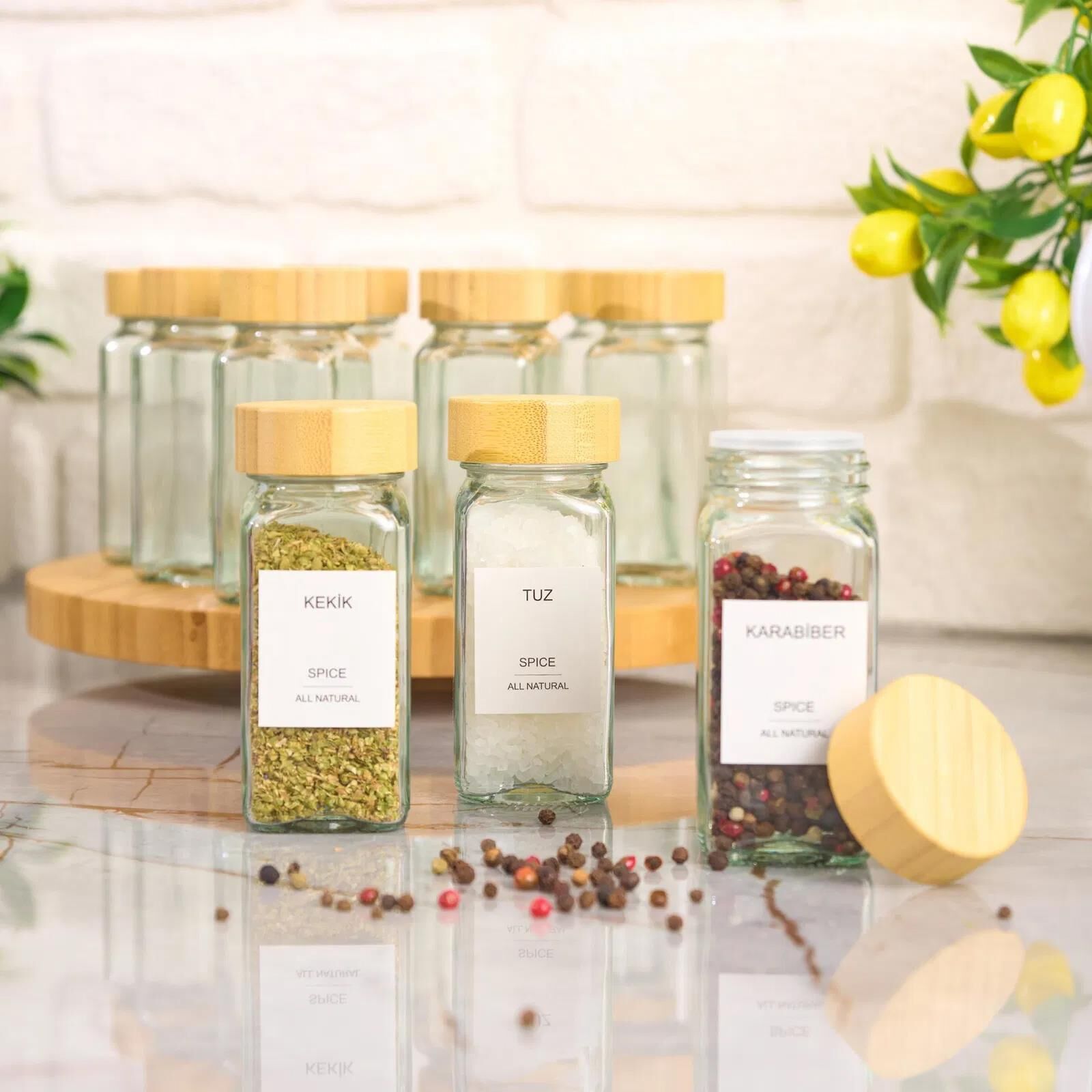 Bambu Kapaklı 12li Cam Baharatlık Etiket Hediyeli