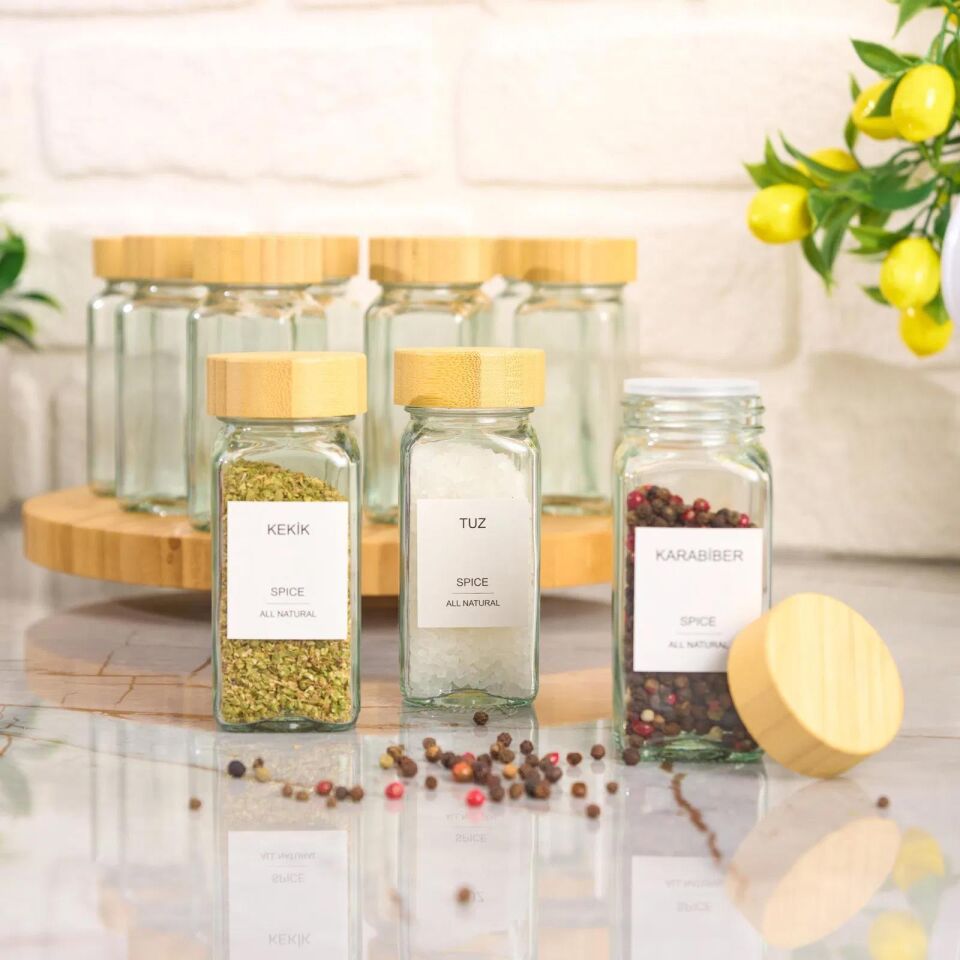 Bambu Kapaklı 12li Cam Baharatlık Etiket Hediyeli