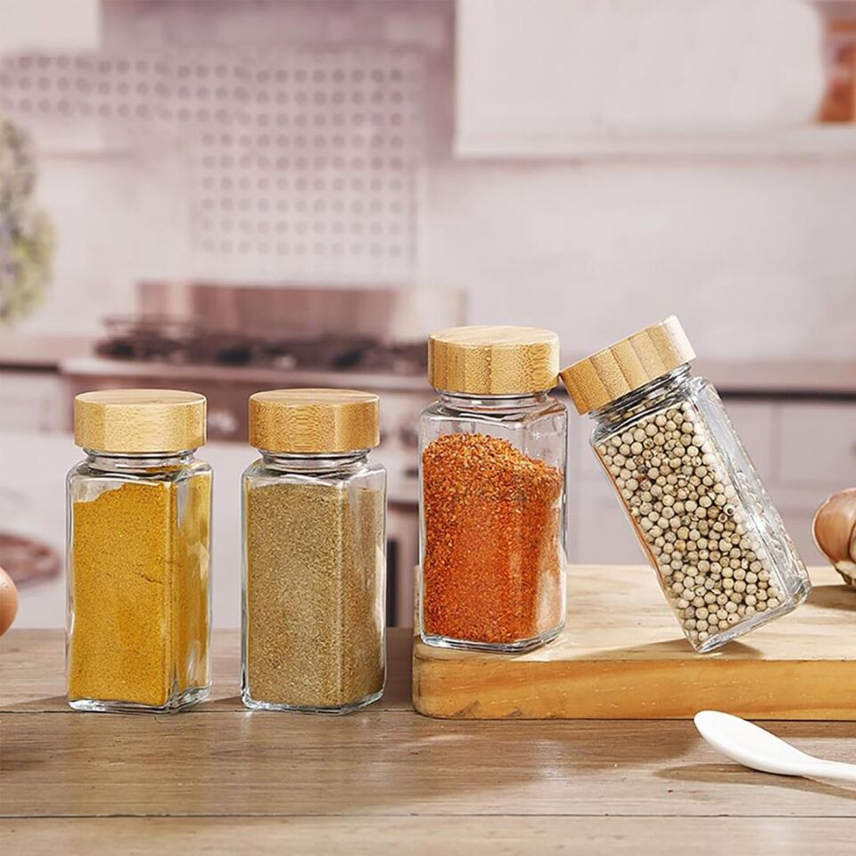 Bambu Kapaklı 12li Cam Baharatlık Etiket Hediyeli