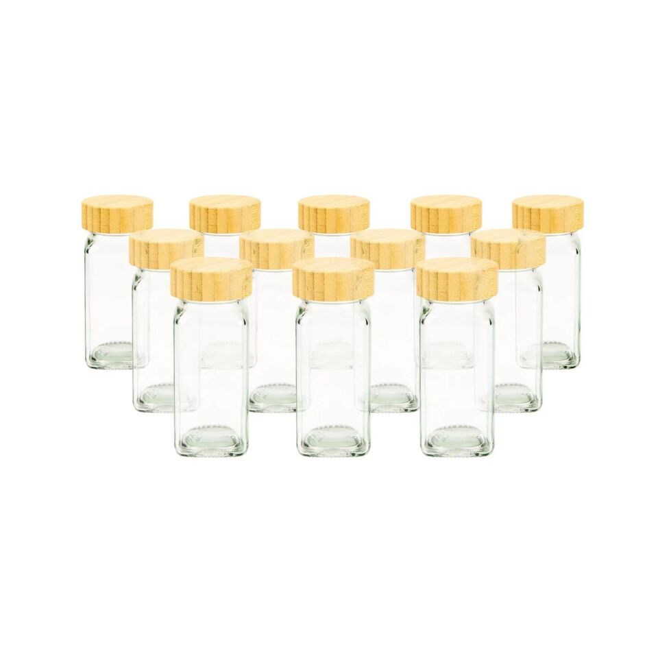 Bambu Kapaklı 12li Cam Baharatlık Etiket Hediyeli