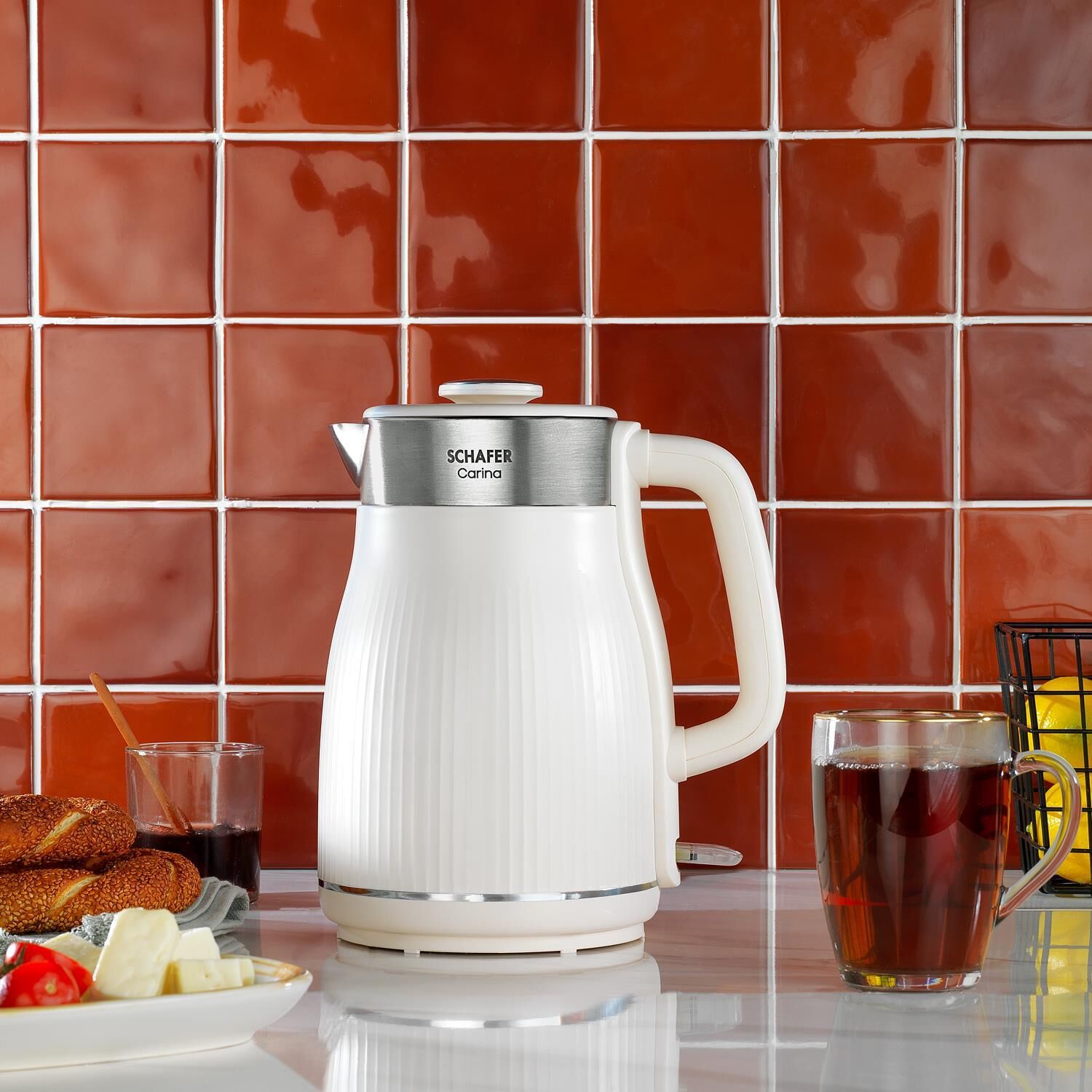 Schafer Carina Paslanmaz Çelik El Yakmayan Gövdeli Su Isıtıcı Kettle Krem Renk