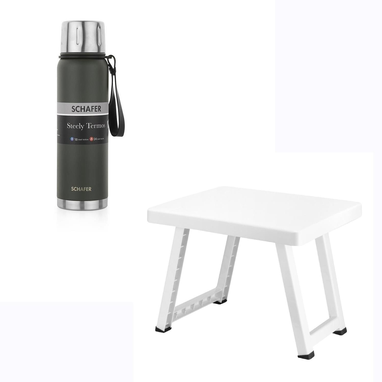 Çelik Termos 750 ML Yeşil Renk ve Plastik Kamp Sehpası
