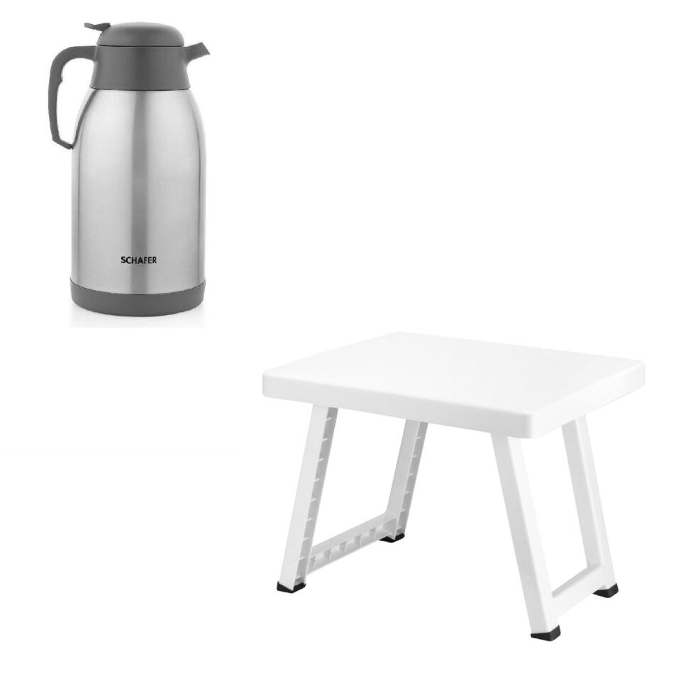 Çelik Termos 2 Litre Gri Renk ve Plastik Katlanır Sehpa