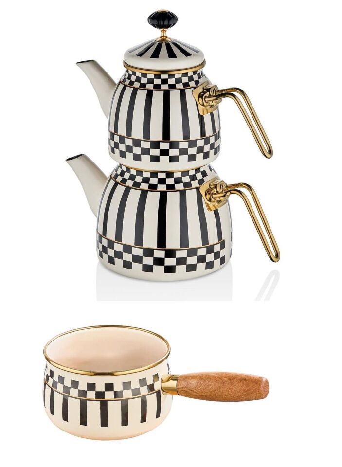 Prime Cream Emaye Çaydanlık Takımı ve Emaye Sosluk Sütlük 14 CM