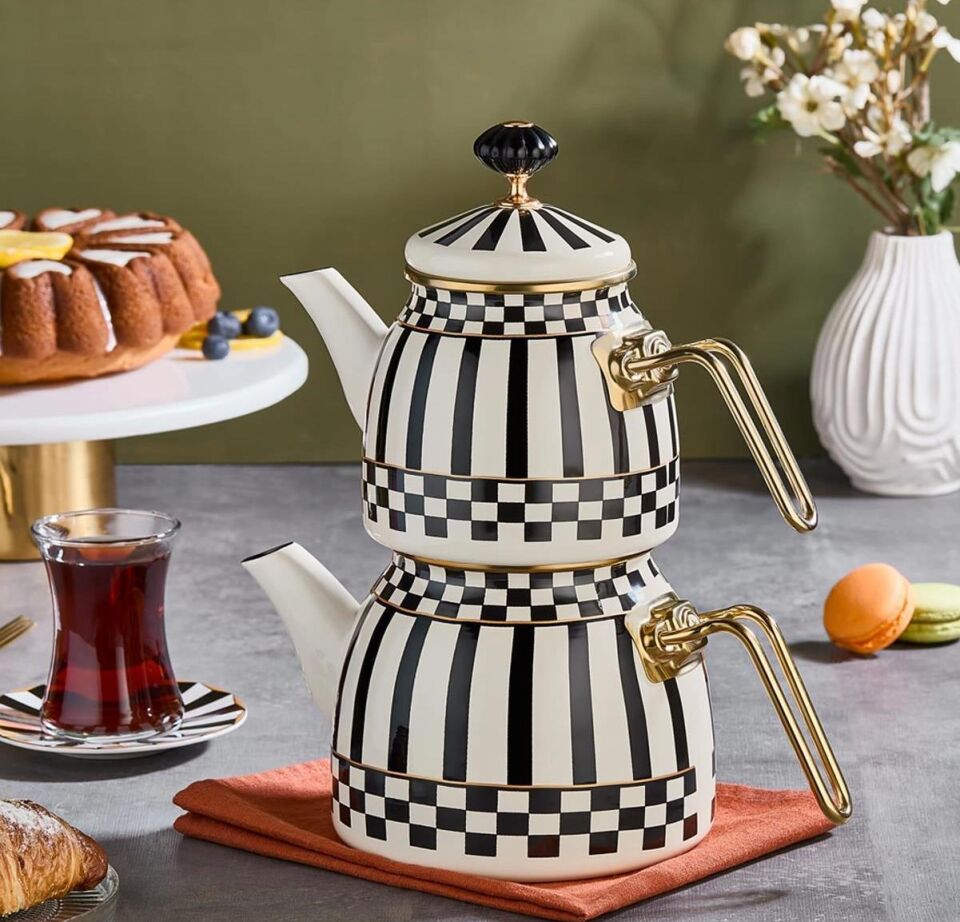 Prime Cream Emaye Çaydanlık Takımı ve Emaye Sosluk Sütlük 14 CM