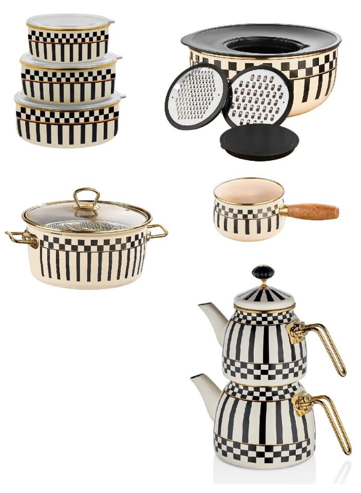 Emaye Çaydanlık  -  Karıştırma Kabı - Kızartma Tenceresi - 3lü Saklama Kabı - Sütlük