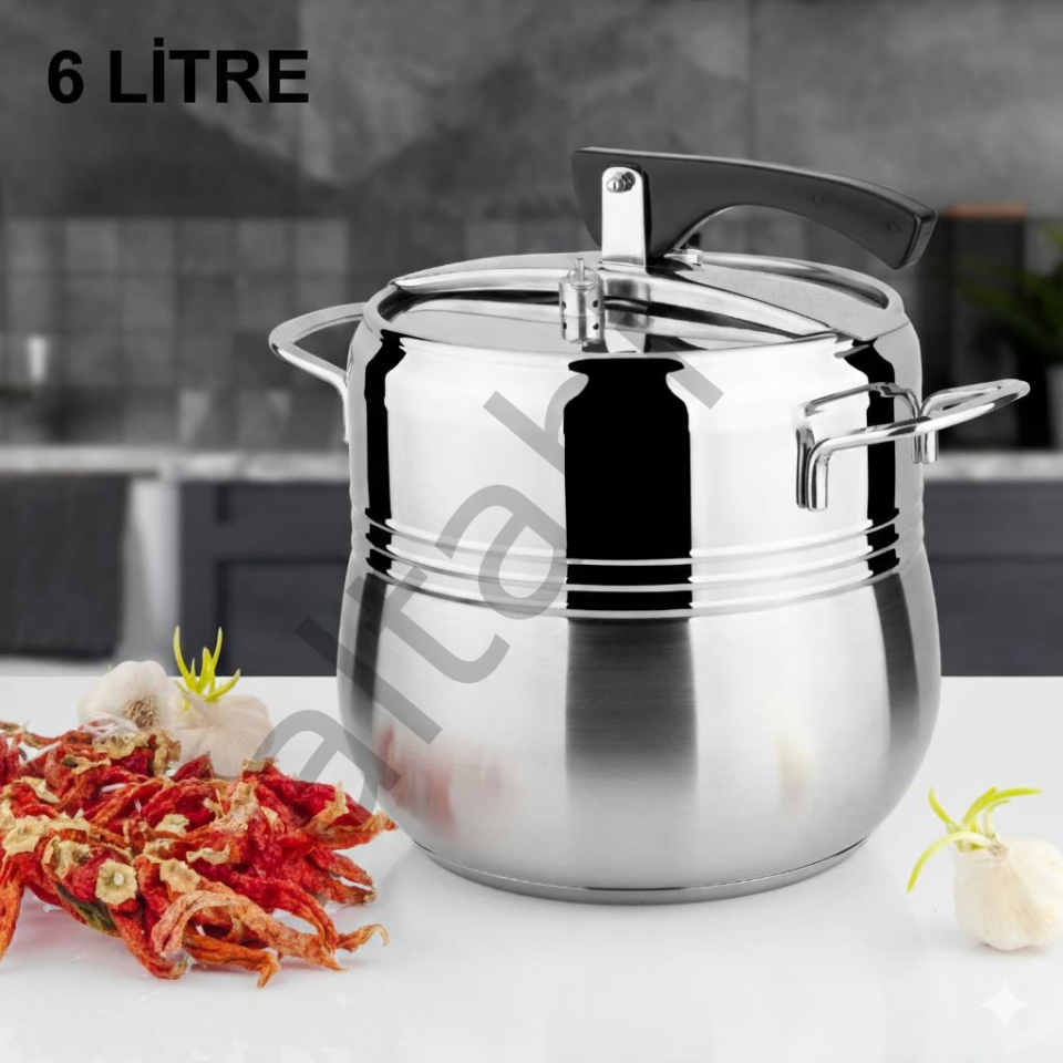 Klasik Düdüklü Tencere - 6 Litre Güveç Model (Paslanmaz Çelik) - Lines