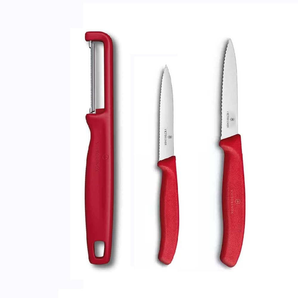 Victorinox Kırmızı Tırtıklı Soyma Bıçağı 8 CM - 10 CM ve Domates Sebze Soyacağı 3lü Set