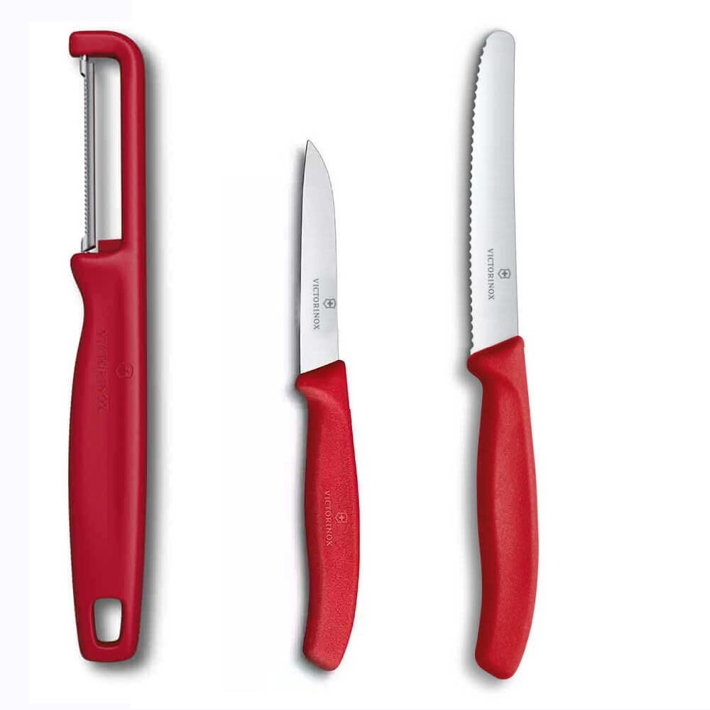 Victorinox Kırmızı Domates Soyacağı - 11 CM Tırtıklı Domates Sebze Bıçağı - 8 CM Düz Bıçak 3lü Set