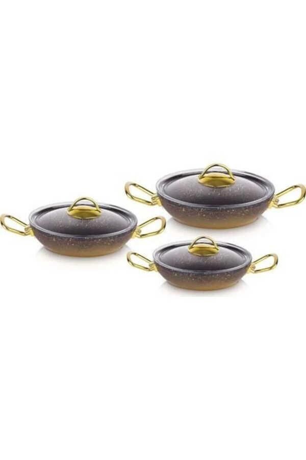 OMS Gold Serisi 6 Parça Granit Sahan Seti | Cam Kapaklı | 18-20-22 cm | PFOA İçermez