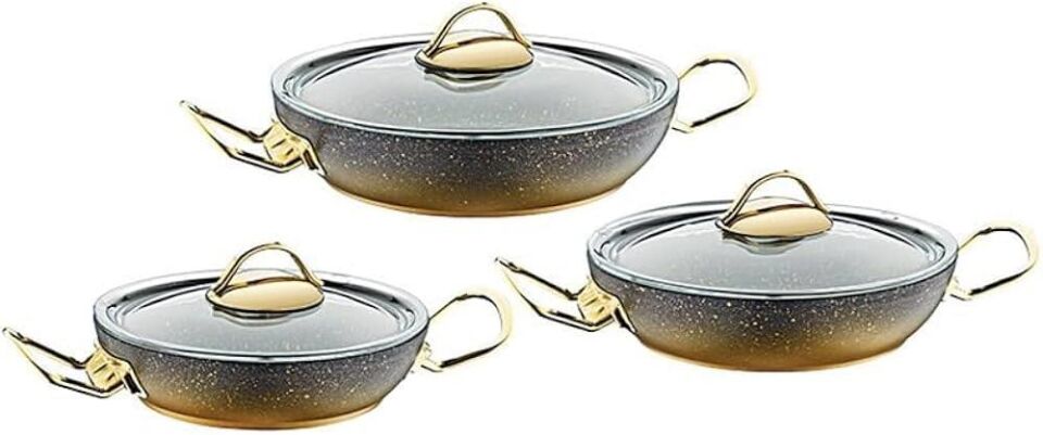 OMS Gold Serisi 6 Parça Granit Sahan Seti | Cam Kapaklı | 18-20-22 cm | PFOA İçermez