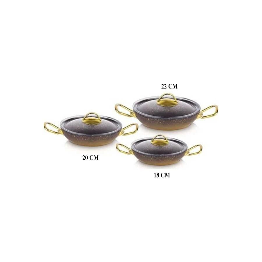 OMS Gold Serisi 6 Parça Granit Sahan Seti | Cam Kapaklı | 18-20-22 cm | PFOA İçermez