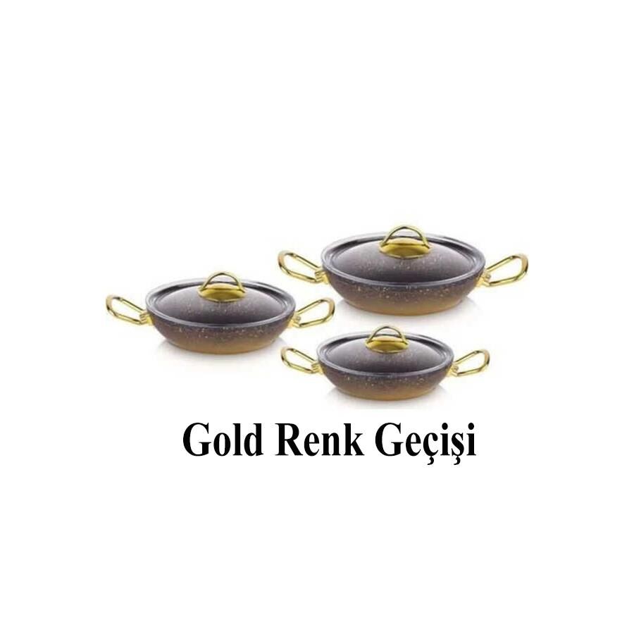 OMS Gold Serisi 6 Parça Granit Sahan Seti | Cam Kapaklı | 18-20-22 cm | PFOA İçermez