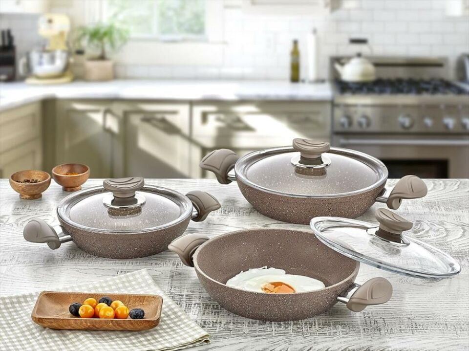 OMS Bio Granit 6 Parça Kapaklı Sahan Seti Kahve | Yapışmaz Biogranit | 18-20-22 cm